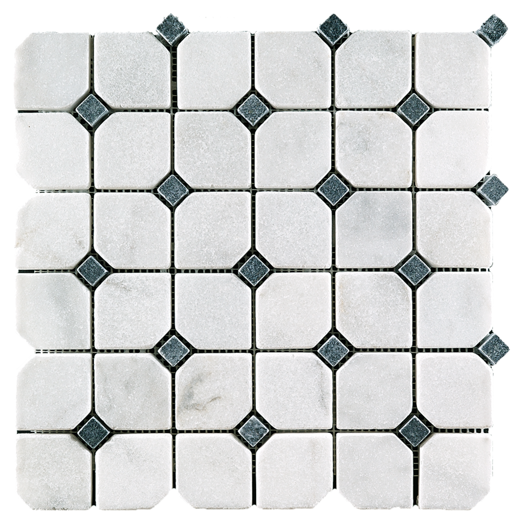 2" OCTAGON w/Black Bianco Perla Marble Mosaic - Tumbled  - DW TILE & STONE - Atlanta Marble Natural Stone Wholesale Stone Supplier