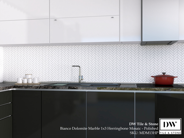 1x3 HERRINGBONE Dolomite Marble Mosaic Tile - Polished or Honed