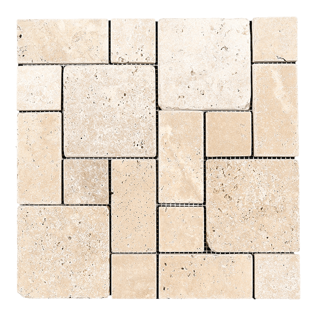 Ivory Travertine Mosaic Tile Mini Roman Pattern - Tumbled Tumbled / Roman - DW TILE & STONE - Atlanta Marble Natural Stone Wholesale Stone Supplier