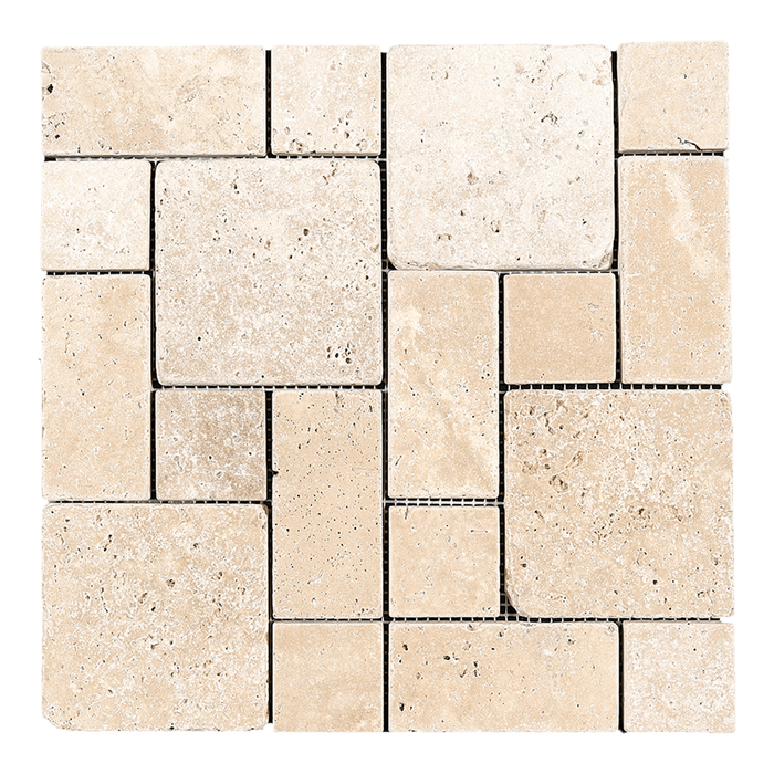 Ivory Travertine Mosaic Tile Mini Roman Pattern - Tumbled Tumbled / Roman - DW TILE & STONE - Atlanta Marble Natural Stone Wholesale Stone Supplier
