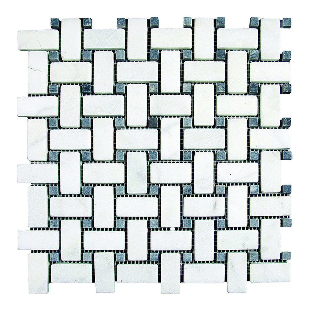 1x2 BASKETWEAVE w/Black Bianco Perla Marble Mosaic - Tumbled Tumbled / 12"x12" - DW TILE & STONE - Atlanta Marble Natural Stone Wholesale Stone Supplier