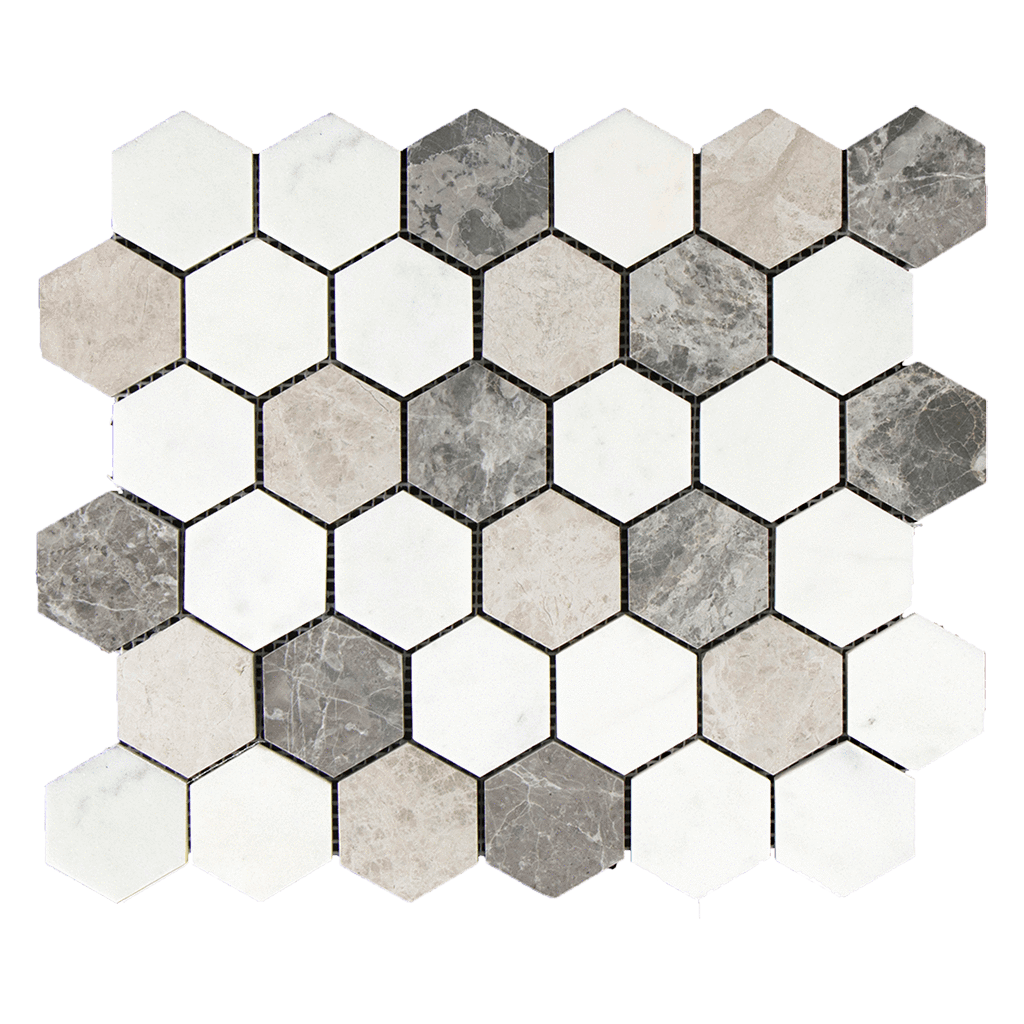 2" HEXAGON MIX Bianco Perla w/Silver Shadow Marble Mosaic - Polished  - DW TILE & STONE - Atlanta Marble Natural Stone Wholesale Stone Supplier