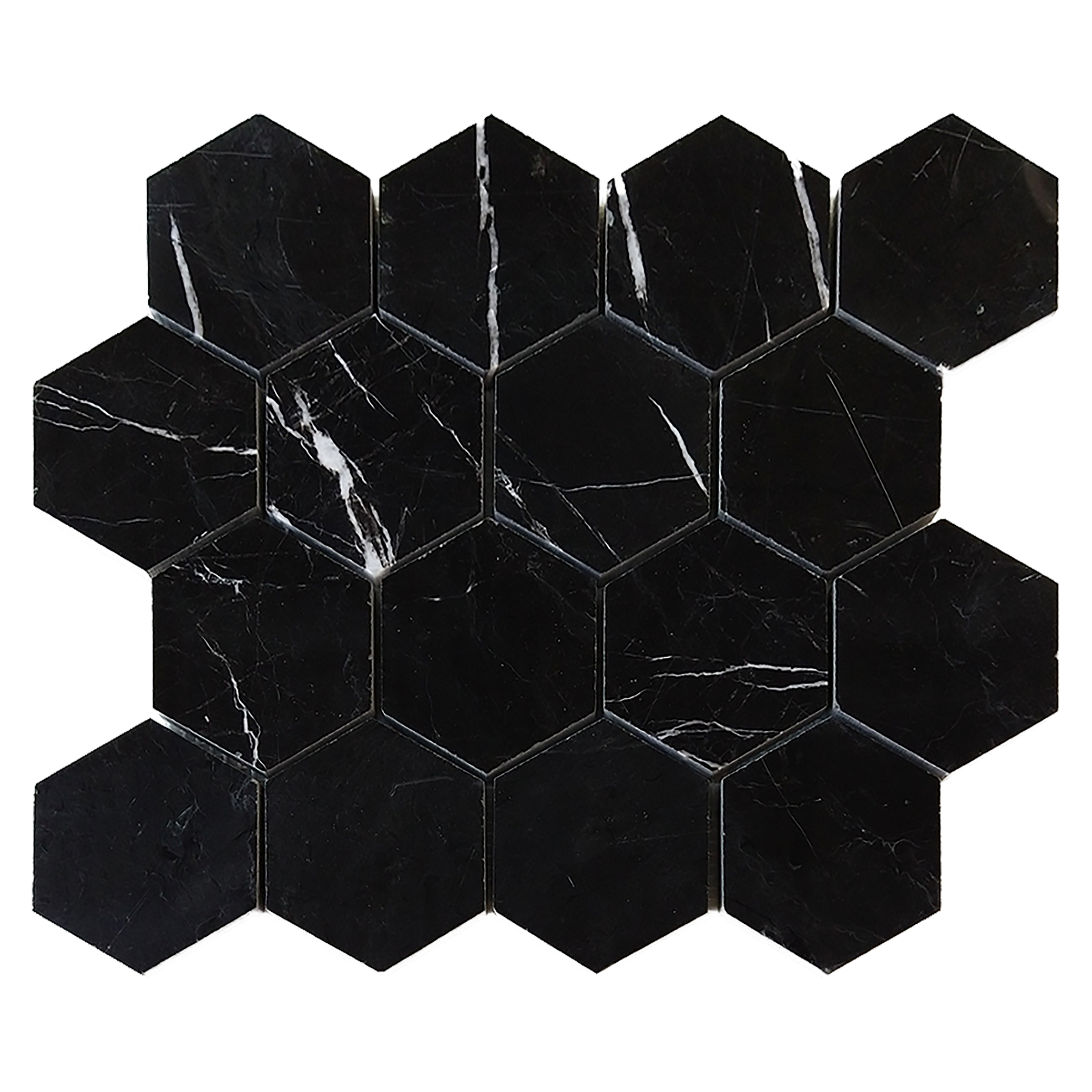 3" Hexagon Nero Marquina Mosaic - Polished Or Honed Polished / 12" x 12" - DW TILE & STONE - Atlanta Marble Natural Stone Wholesale Stone Supplier