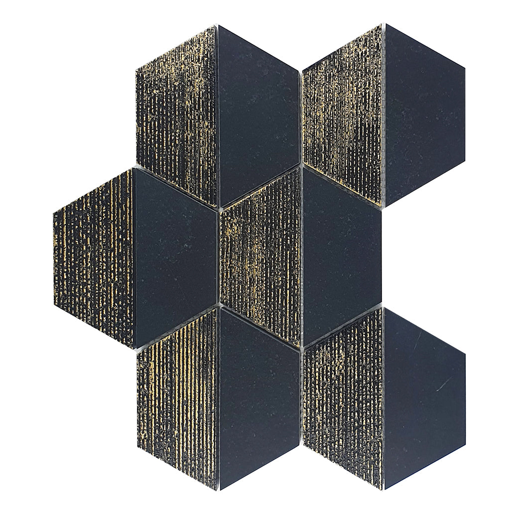 CHATEAU BLACK - 4" Hexagon Marble Mosaic - Honed Engraved Gold Leaf  - DW TILE & STONE - Atlanta Marble Natural Stone Wholesale Stone Supplier