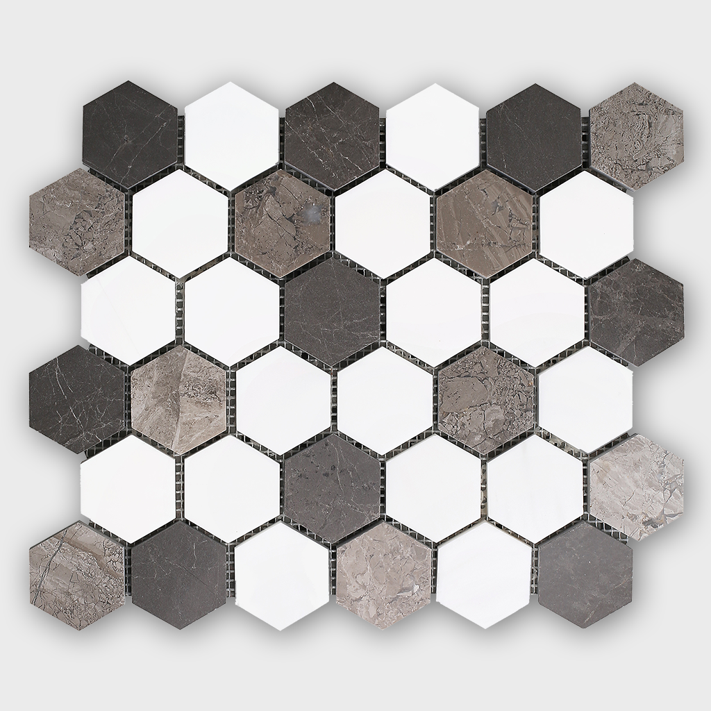 2" HEXAGON MIXED Mosaic Tile Dolomite Marble w/Royal Grey - Honed  - DW TILE & STONE - Atlanta Marble Natural Stone Wholesale Stone Supplier