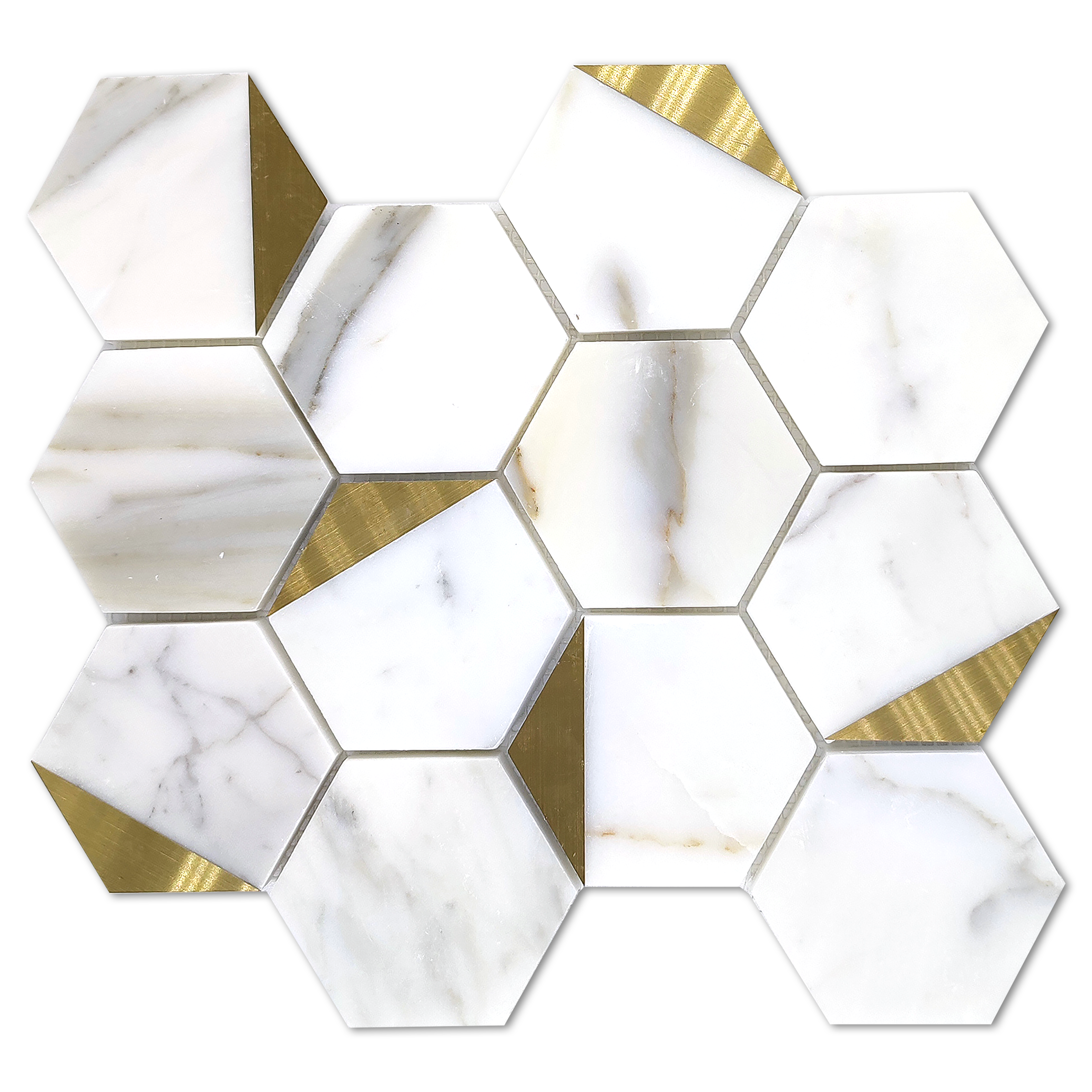 RETRO - Calacatta Gold Marble 3" Hexagon w/Brass - Polished  - DW TILE & STONE - Atlanta Marble Natural Stone Wholesale Stone Supplier